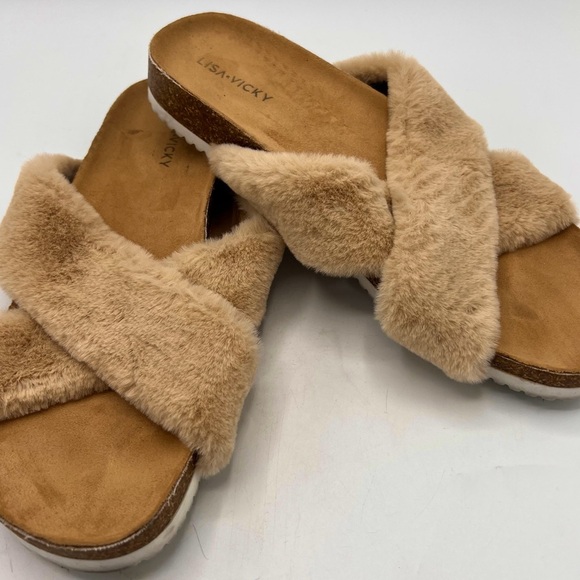 Lisa Vicky Shoes - Lisa Vicky Tan Faux Fur Slide Sandals